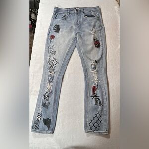 Lineage 30 Custom Graphic Ripped Skinny Jeans Light Wash Distressed 30W